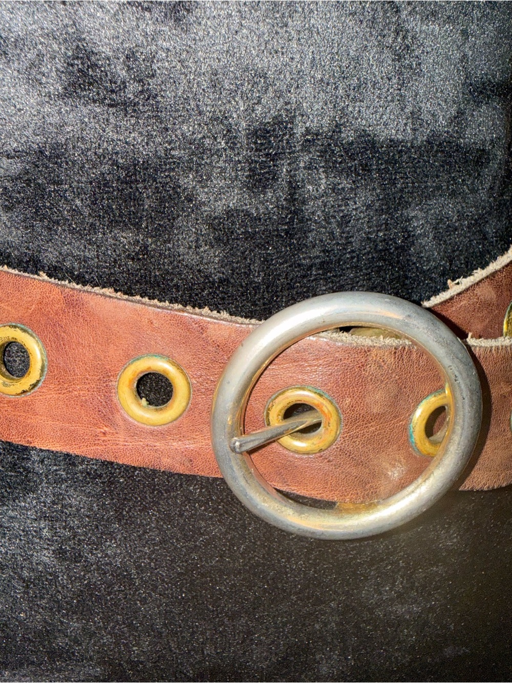 Vintage Brown Leather Double Grommet Wrap Belt | Silver Round Buckle | Boho - Picture 2 of 6